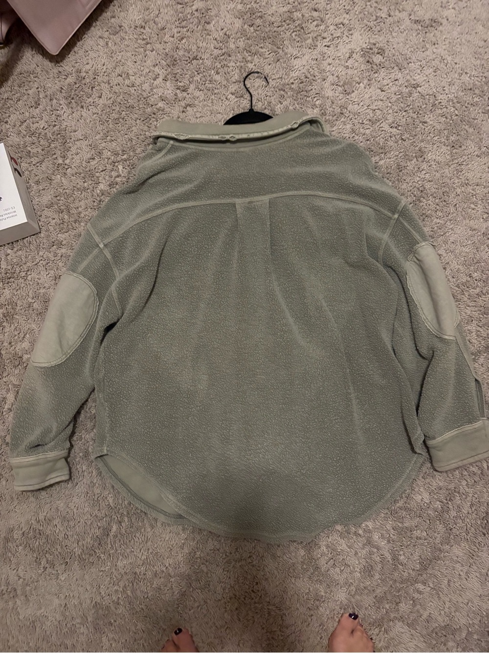 Free People Distressed Light Gray/Olive Green Sherpa Button-Down Shacket - Picture 6 of 6